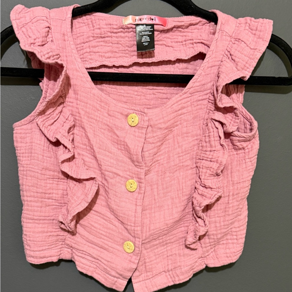 Paper Doll - Pink Button Ruffled Textured Top.